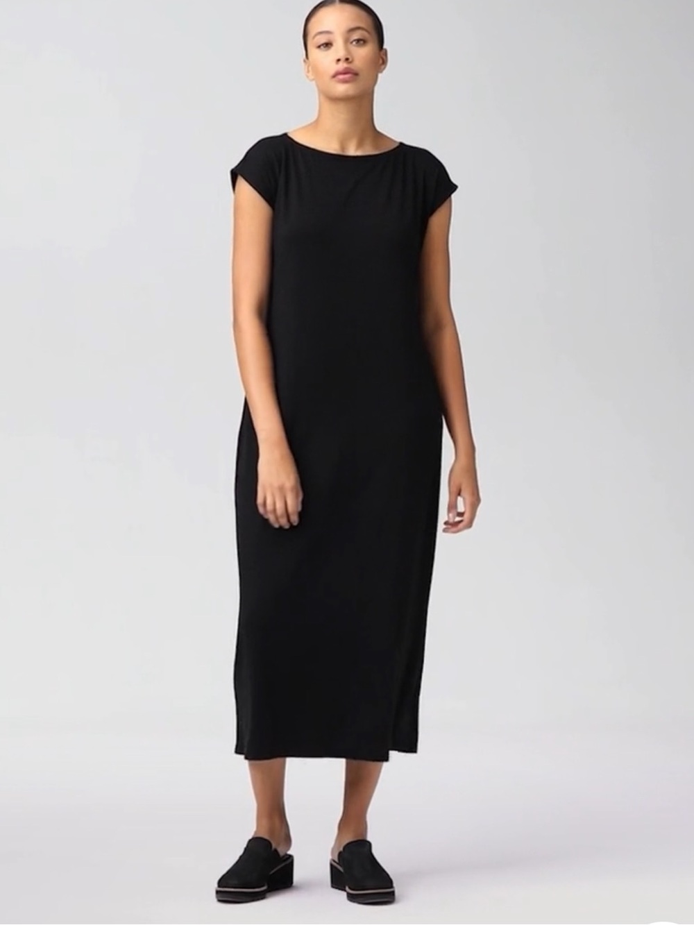 Eileen Fisher Fine Jersey Tie Waist Dress Women’s Sz L Black Boat Neck Stretch